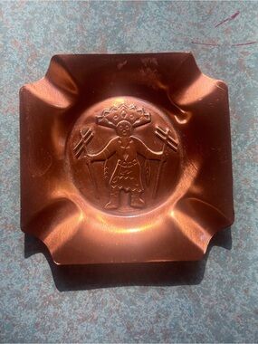 Tiny Vintage Mexican Copper Ashtray – Embossed Mesoamerican Figure – Mid Century